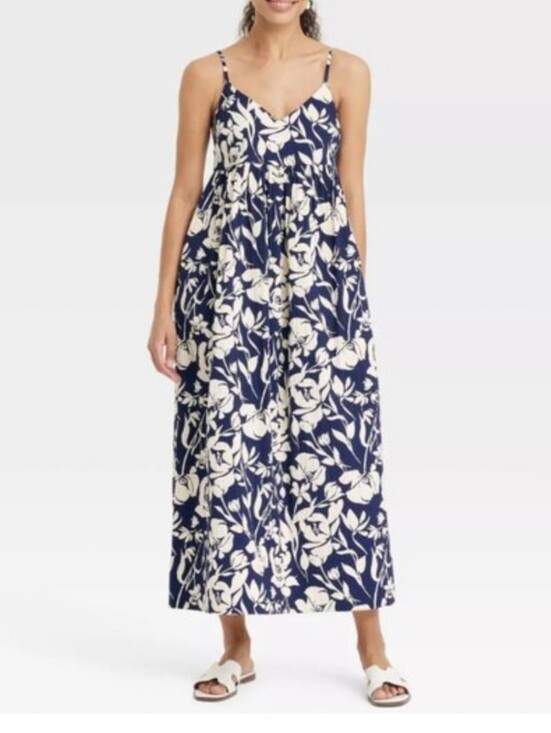 a new day Dresses & Skirts - a new day Navy and Cream Floral Spaghetti-Strap Maxi Dress